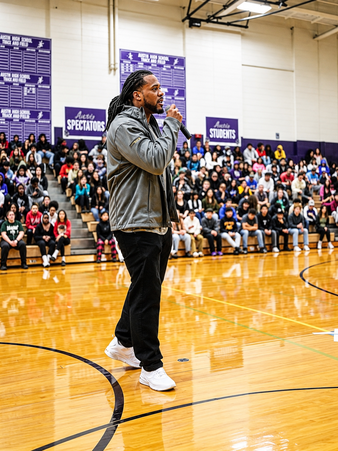 Alex Green addressing students in a school gym